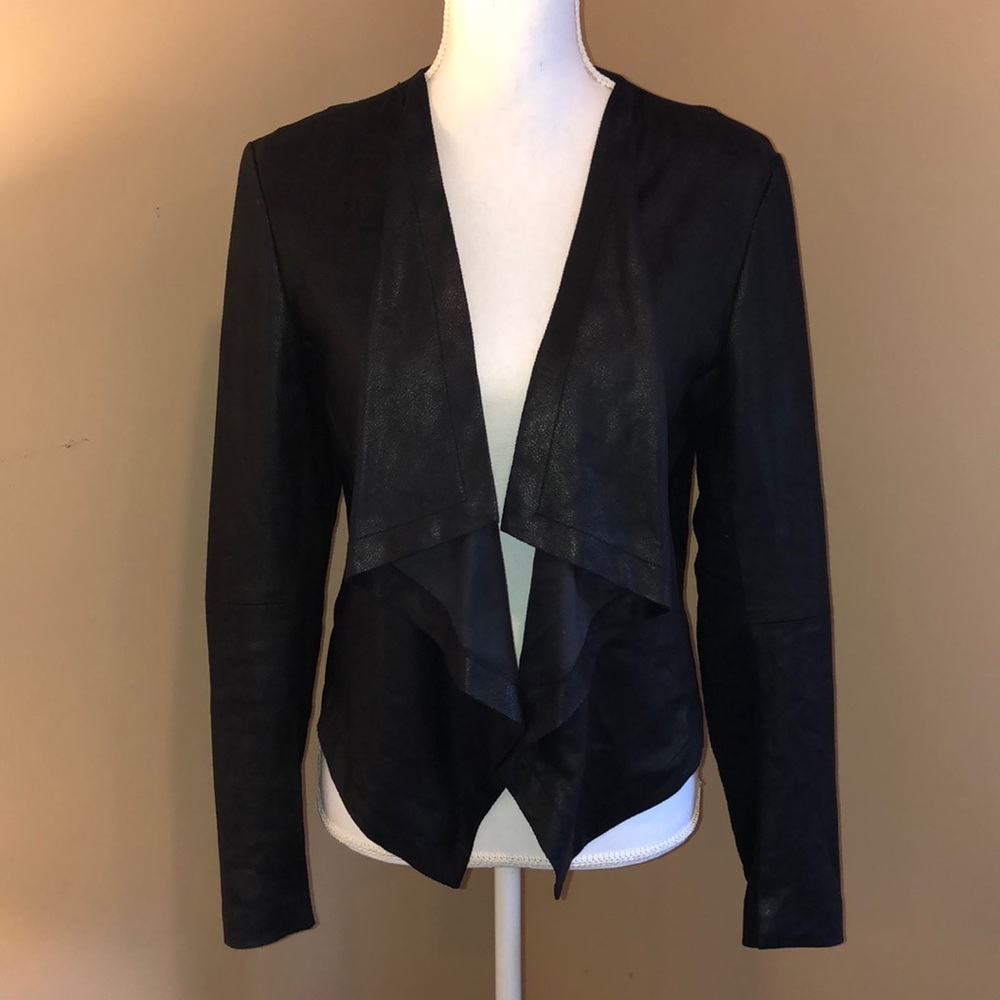 Faux leather drapey open front jacket